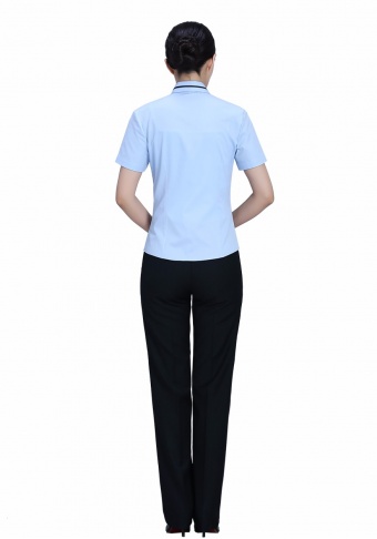 蓝色领边门襟短袖黑条配色衬衫